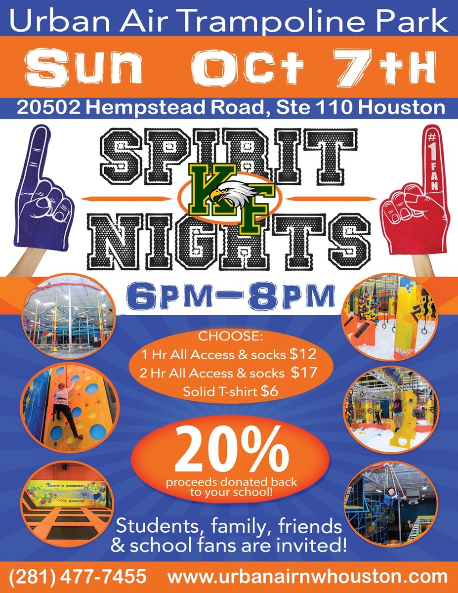 COME OUT TO JOIN <a href="/KleinForestFB/">Klein Forest Football</a> ON SUNDAY, OCT. 7TH FOR KLEIN FOREST SPIRIT NIGHT AT URBAN AIR! 🤸‍♂️🧗‍♂️
Show the flyer or mention Klein Forest spirit night to get discount pricing!!!
<a href="/AthleticsKF/">KF Athletics</a> 
<a href="/stuco_kforest/">StuCo Klein Forest</a>
<a href="/CHEER_KFHS/">Klein Forest High Cheer</a> 
<a href="/KleinForest/">Klein Forest HS</a> 
<a href="/JLanceAlexander/">Lance Alexander</a>