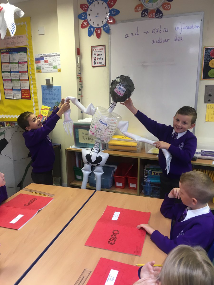 Class3Highpri's tweet photo. Working with Tarquin the Sentence Skeleton today to investigate compound sentences as part of our sentence journey #mainclause #coordinatingconjunction #mainclause #grammar https://t.co/8Z99OO2kcv