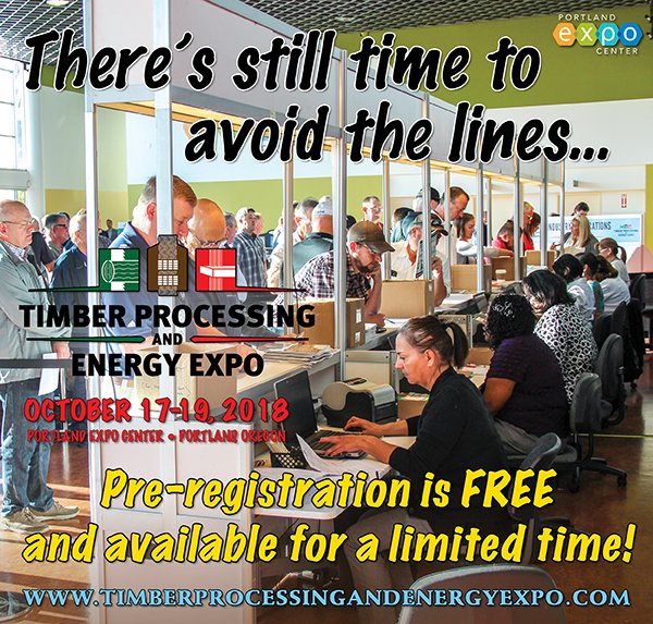 tpeeshow's tweet photo. Now is the time to pre-register for the Timber Processing &amp; Energy Expo, October 17-19, Portland, Ore. The walk-up fee is $20, but if you register online now, it’s FREE! Pre-register today at https://t.co/m1u7YBTeQu. #TPEE2018 https://t.co/3ama9IHrqB