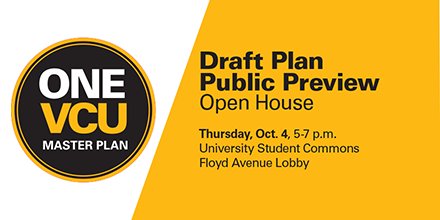 VCUMasterPlan's tweet photo. The ONE VCU Master Plan open house that was canceled due to inclement weather has been rescheduled for Thursday, 10/4 from 5-7pm in the VCU Student Commons. Parking in W. Cary Street Deck will be validated
Can't attend? Review online &amp; share your thoughts! https://t.co/dWAohA4zis https://t.co/SANMENWFuK