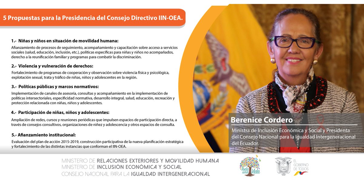 CN_Igualdad's tweet photo. #EcuadorEnConsejoInstitutoDeLaNiñez | 👏Presidenta del @CN_Igualdad y Ministra de @InclusionEc Berenice Cordero @berecordero fue electa Presidenta del Consejo Directivo del @IINOEA período 2018-2020. 

@Lenin @ComunicacionEc https://t.co/qRUy38E5OT