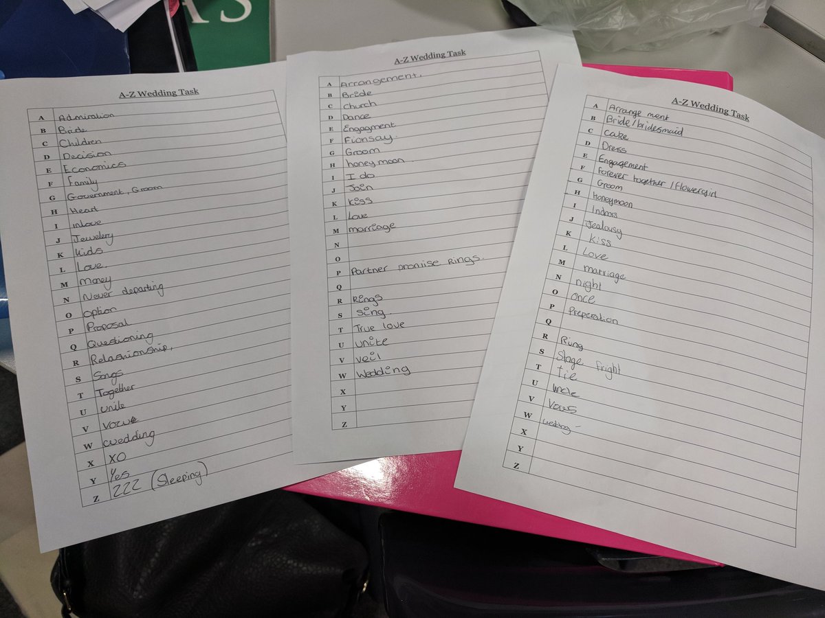 MissBarrettRE's tweet photo. @uob_re good competition with the wedding A-Z starter, students got really into it and thought of some words I hadn't even considered! #REallyImpressed https://t.co/tZCh9Jt23S