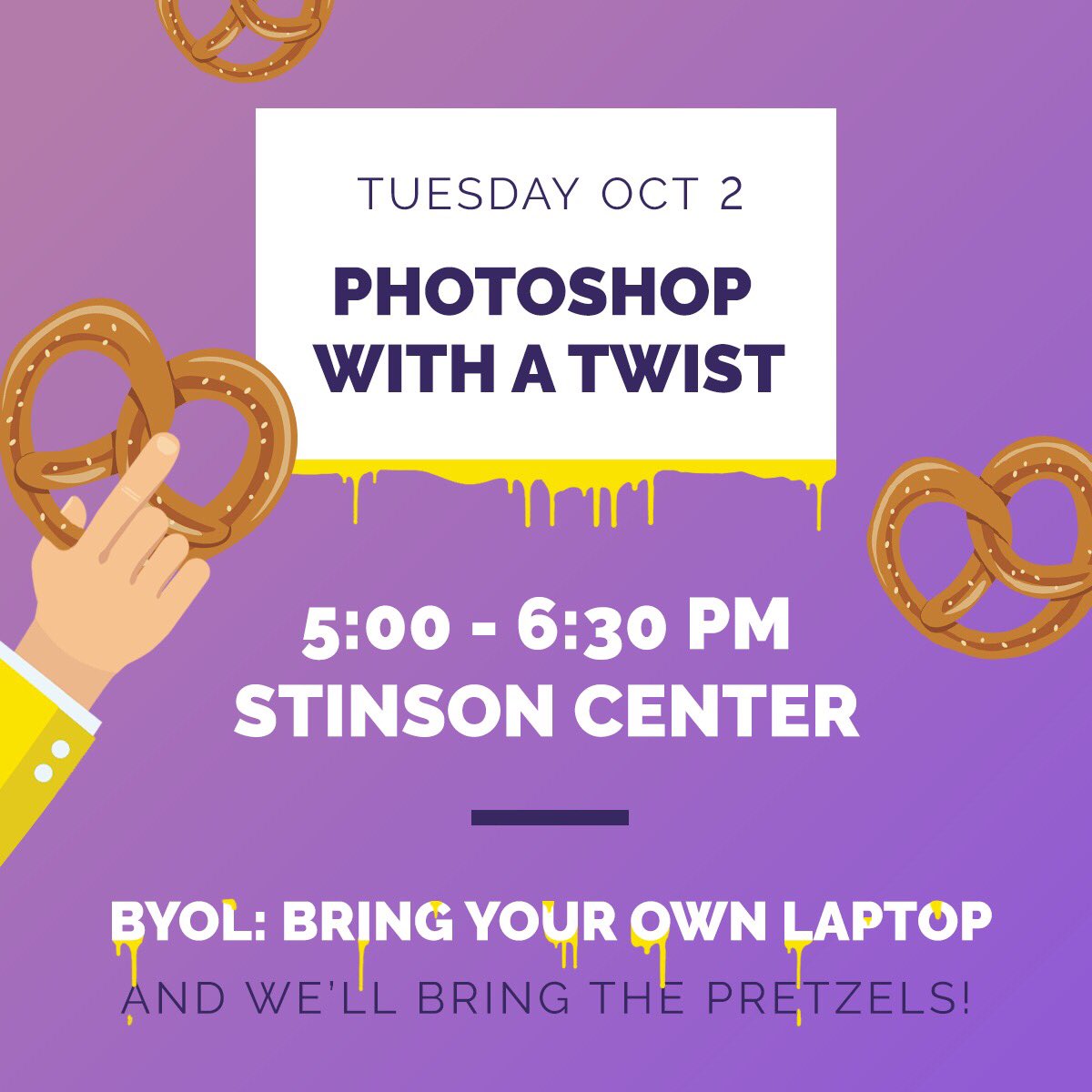 AMA_OU's tweet image. DAY 2 OF MARKETING WEEK IS HERE!!! Come to the Stinson Center in Elliot Hall at 5 to learn about Photoshop! What's the twist? FREE HOT PRETZELS WILL BE WAITING FOR YOU😍 See you all at 5!