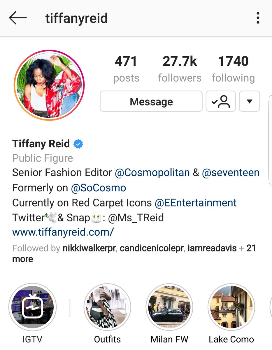 Tiffany ReidIG: TiffanyReidSenior Fashion Editor at Cosmopolitan + Seventeen MagazineCorrespondence on E! For Red Carpet Icons