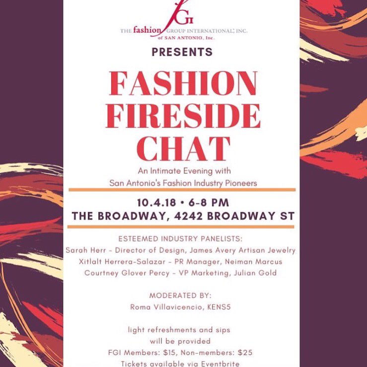 Are you in the list? Join us in this chat with San Antonio’s fashion industry Pioneers <a href="/FGISanAntonio/">FGI San Antonio</a> 
This talk will be Moderated by: Roma Villavicencio <a href="/RomaV_TV/">Roma Villavicencio</a>
Tickets 👇🏼
FGI members: $15, Non-members $25 facebook.com/events/1046172…