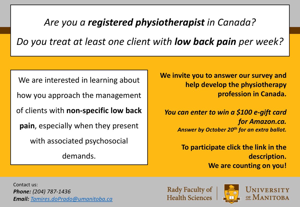 J_ParsonsUofM's tweet photo. Would love fellow Canadian physios to help out my MSc student with her survey on treating patients with low back pain!! Click to take the survey >>> https://t.co/OhjQ0hI3OX
 @InkedProfScotty @tracyablake @jwhittak_physio @JulieMedwid @MBPhysiotherapy @physio_runner @DanOgborn https://t.co/jQZO9WJ6GS