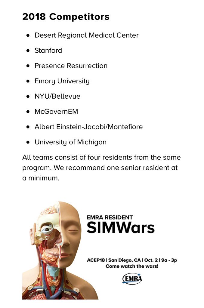 List of #SimWars competitors. @emresidents #EMRAatACEP18 #ACEP18 @EMSimWars #EMSimWars #EMRASimWars