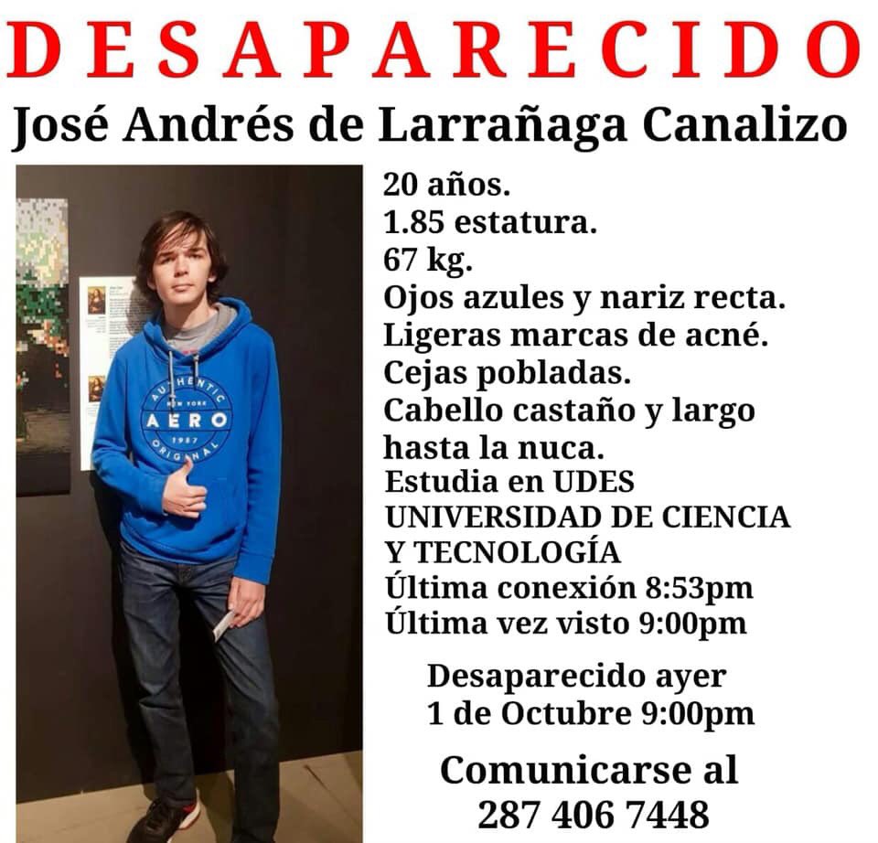 Están buscando a José Andrés Larrañaga Canalizo de 20 años de edad.