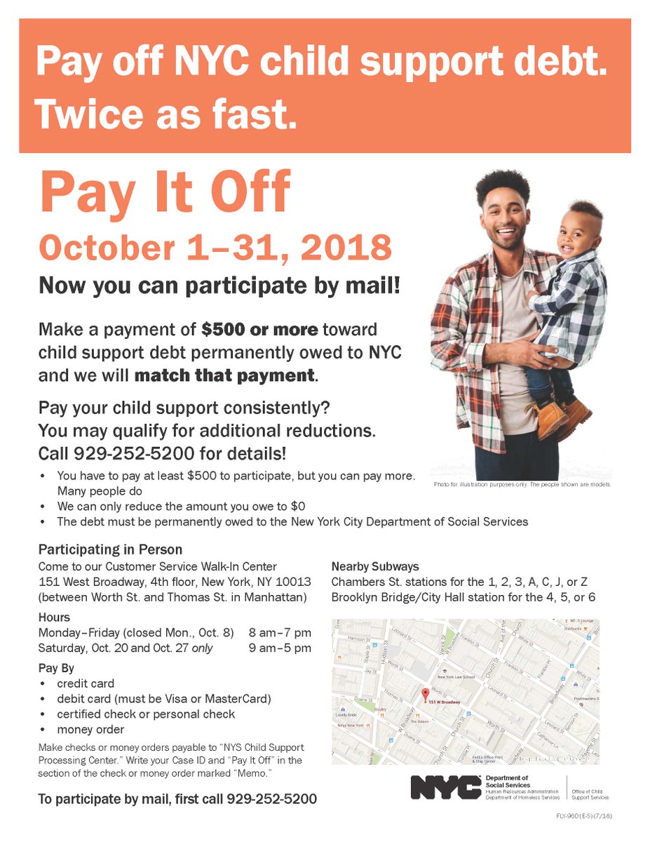 familylegalcare's tweet image. During the month of Oct., pay off your child support debt 2x as fast w/ this matching offer from the City. Last year, more than 500 parents eliminated over $2.3 million in debt with the Pay It Off program, including many parents LIFT works with.  See the flyer below for details: