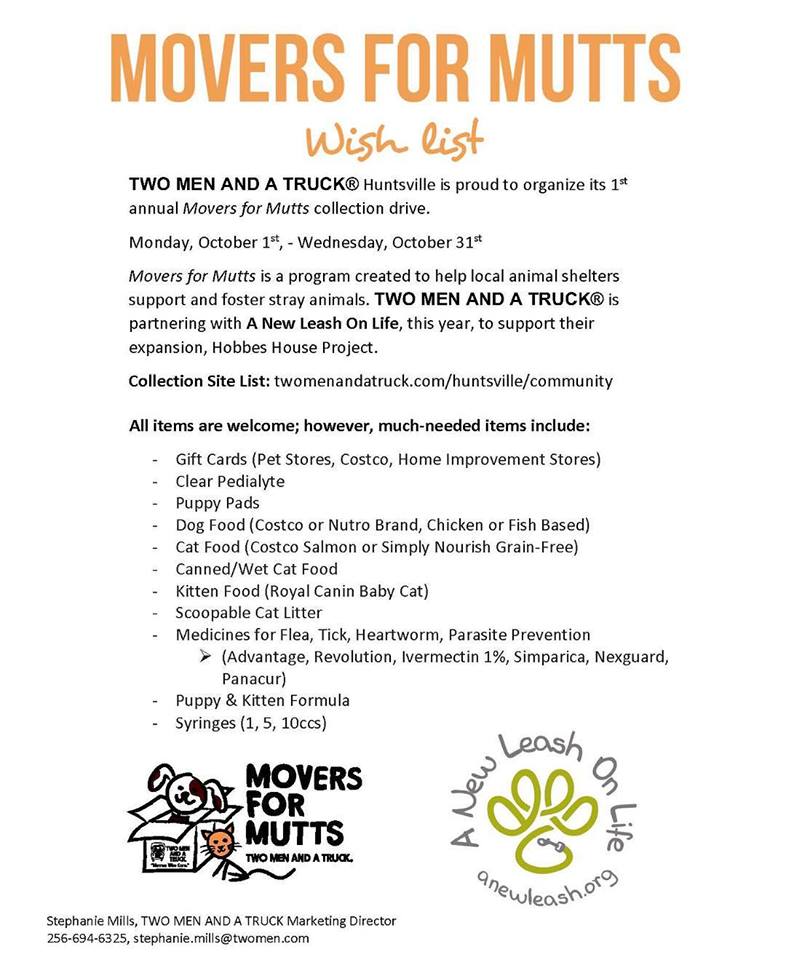 #MoversForMutts <a href="/twomenhsv/">TWO MEN AND A TRUCK</a> <a href="/anewleash/">A New Leash on Life</a>