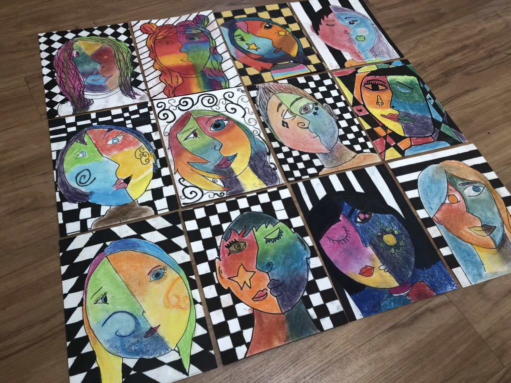 expShane's tweet photo. 5th grade Picasso portraits. Warm/cool chalk pastel on each side of face with black/white background for contrast @StarAcademyNCS #ncsinnovate #ncsstar https://t.co/KqIiej1Nbr