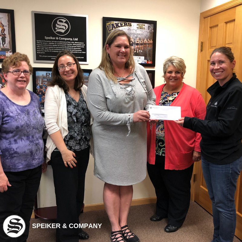 SpeikerCompany's tweet photo. Today we had the honor of presenting @rockmn_org with a check for $109.75! We raised this money through our Quarter Drop game at the @PLLakers football game on Friday. Thanks to everyone who came to our tent, enjoyed free hot chocolate and supported such a great cause! https://t.co/H5C5KuPQFD