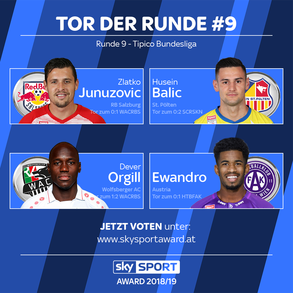 SkySportAustria's tweet photo. Zlatko #Junuzovic (@RedBullSalzburg) , Husein #Balic (@SKNStPoelten), Dever #Orgill (@WolfsbergerAC) oder #Ewandro (@FKAustriaWien)?
Wer hat das Tor der 9. Runde erzielt? ⚽⚽⚽
👉 Zum Voting: https://t.co/t1SxLNDmzF
#SkyBuliAT #SkyTdR https://t.co/VCIF8nzwlY