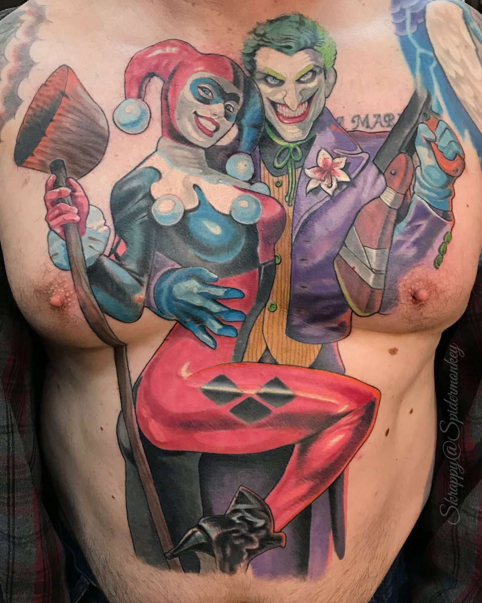 ninjatat's tweet photo. Work in progress. #joker #HarleyQuinn #batman #tattoos #skrappyatspidermonkey #spidermonkeytattoos #colortattoos https://t.co/SY3gqBDR58