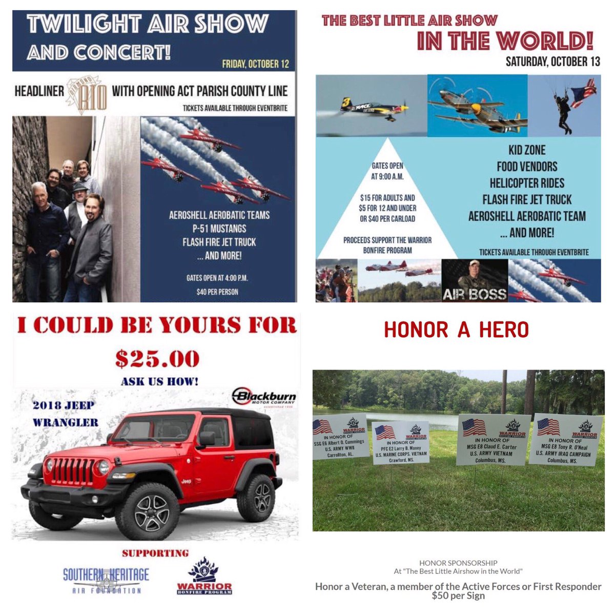 WarriorBonfire's tweet photo. Make plans next #weekend Oct 12 & 13! This amazing #airshow offers top #aerobatic performers, a #DiamondRio concert, $25 #Jeep Wrangler #raffle and a opportunity to honor your favorite hero! #Mississippi #Vicksburg #Jackson #Clinton #Madison #Brandon #DoGoodMS #yalllifestyle https://t.co/AwmlvvKQTf