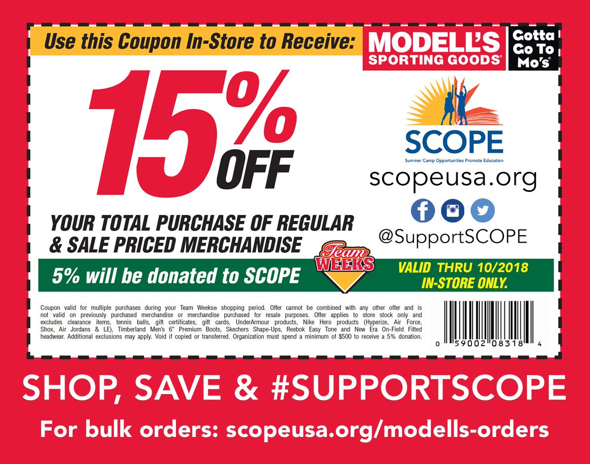 SupportSCOPE's tweet photo. 15% off in-store @Modells purchase! Coupon good through 10/20/18. Shop, Save, and #SupportSCOPE! https://t.co/YoI7BpEU5d #Shop4SCOPE https://t.co/ZpzNL63iub