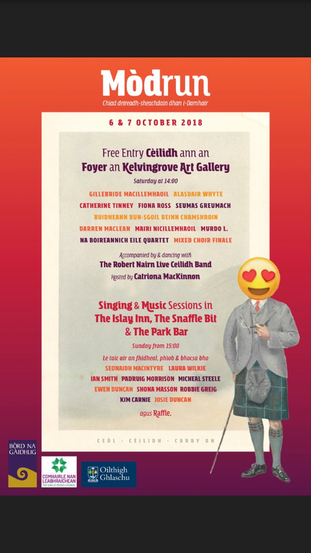 mdrun3's tweet photo. Mòdrun 2018. The Programme. This weekend. Saturday &amp; Sunday Afternoon. Chì sinn ann sìbh le ceòl, cèlidh is carry on...!#ceòl #craic #cèilidh #seinn #bàrdachd #fealladhà  #gàidhlic #beùrla #islayinn #parkbar #snafflebit #kelvingrovemuseumandartgallery #balloons #Mòdrun. @mdrun3 https://t.co/qzwCBILF5n