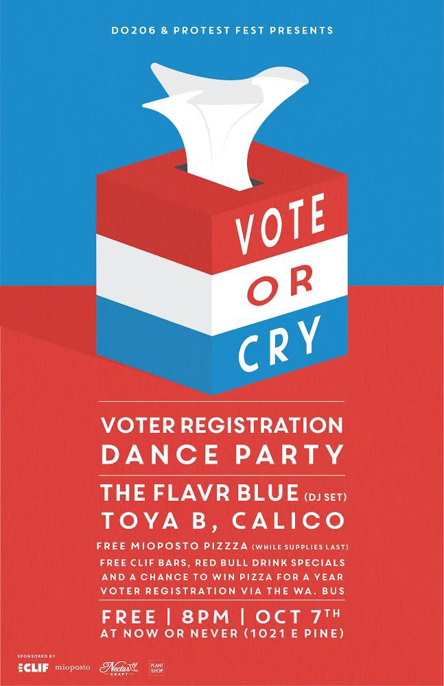 Who wants a free dance party with pizza and drinks this Sunday (10/7)? ✋🏼

My homies <a href="/AuzSantiago/">AuzSantiago</a> &amp; @dreamjournalxo organized Vote or Cry at Now or Never (new venue under Rhino Room) to encourage voter registration. 

Me, Toya B, and <a href="/TheFlavrBlue/">The Flavr Blue</a> are all spinning soooo 😏