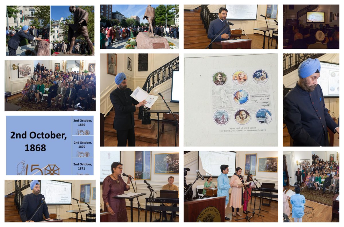 IndianEmbassyUS's tweet photo. Press Release - Celebration of 149th Birth Anniversary of Mahatma Gandhi and
Inauguration of Gandhi @ 150 Celebrations. https://t.co/3AFJvDxDbV @MEAIndia @IndianDiplomacy @NavtejSarna #GandhiJayanti #GandhiAt150 https://t.co/HFP2Eiuc5A