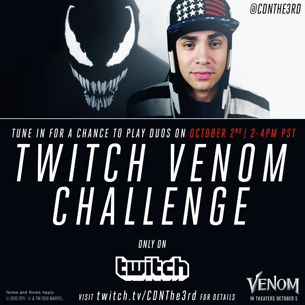 Team Ceez taking the #Venom Challenge no doubt. Who's gonna step up and be my duos partner to get this W? twitch.tv/CDNThe3rd #ad