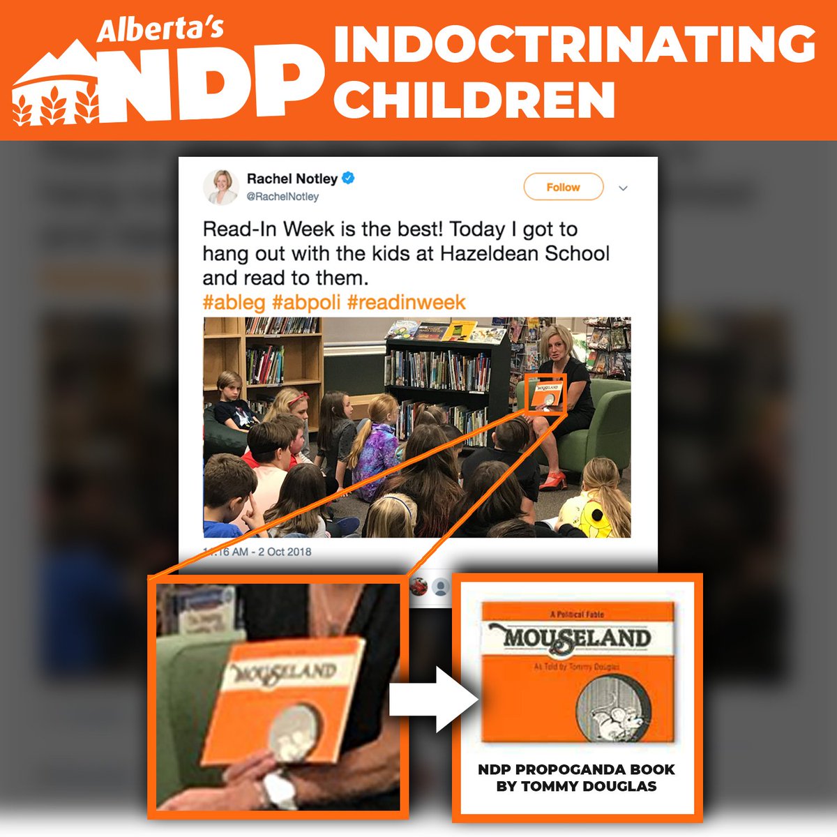 jkenney's tweet photo. The NDP tries to assure Albertans they're not pushing political ideology in their curriculum reform. But when the Premier visits young students in the classroom, what does she read to them? NDP founder Tommy Douglas' socialist propaganda tale 'Mouseland.' We can't make this up! https://t.co/gZhPf81WlH