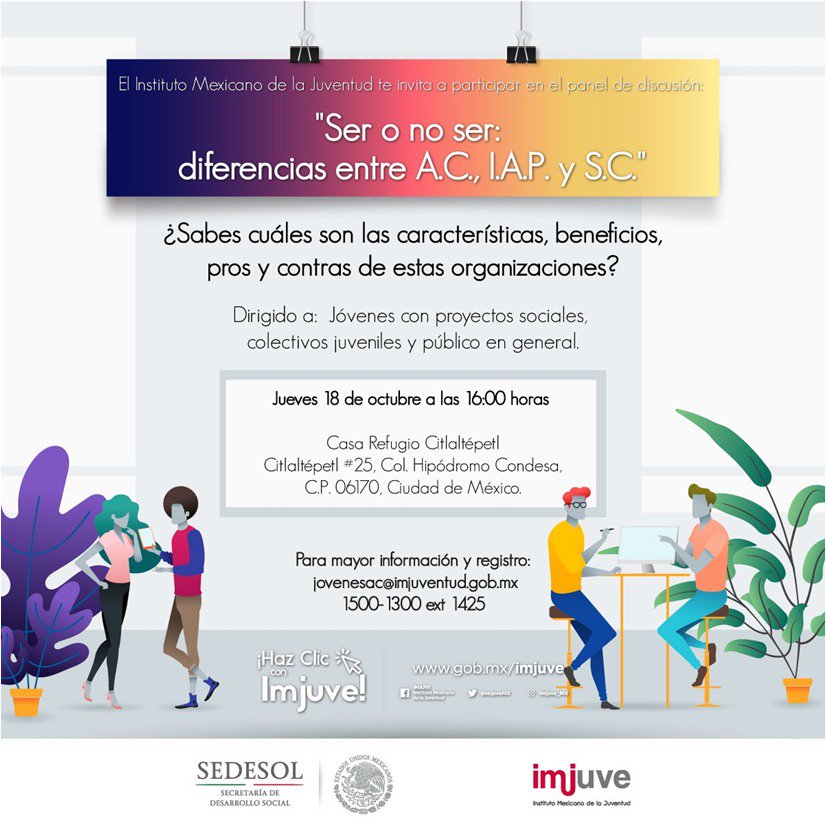 mauriciohuesca's tweet photo. ¿Conoces las diferencias entre #Asociaciones, Institutos de Asistencia Privada y #SociedadCivil? ¡Regístrate y participa en el panel de discusión sobre las características, beneficios, pros y contras de éstas organizaciones! #EntradaGratis #BlogImjuve https://t.co/ZuJQIIoAaf https://t.co/H18hG3MyJ8