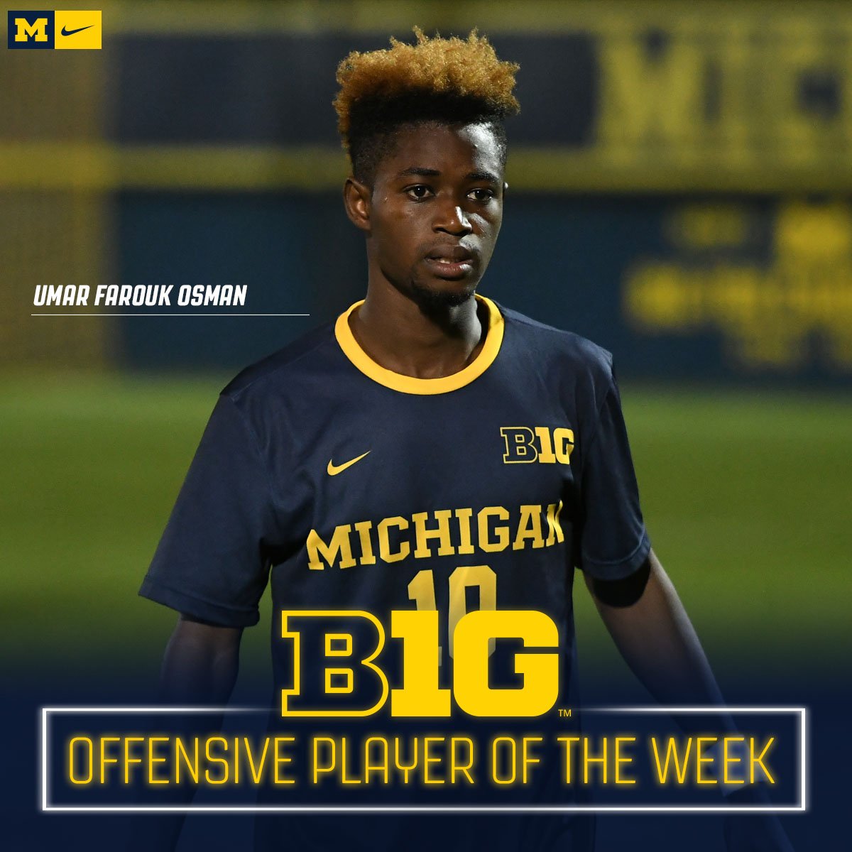 umichsoccer's tweet photo. NEWS: Umar has been named Big Ten Offensive Player of the Week. He tallied five points (2 G, 1 A) in wins over Ohio State and Northwestern last week. #GoBlue https://t.co/7k0oLywJmX
