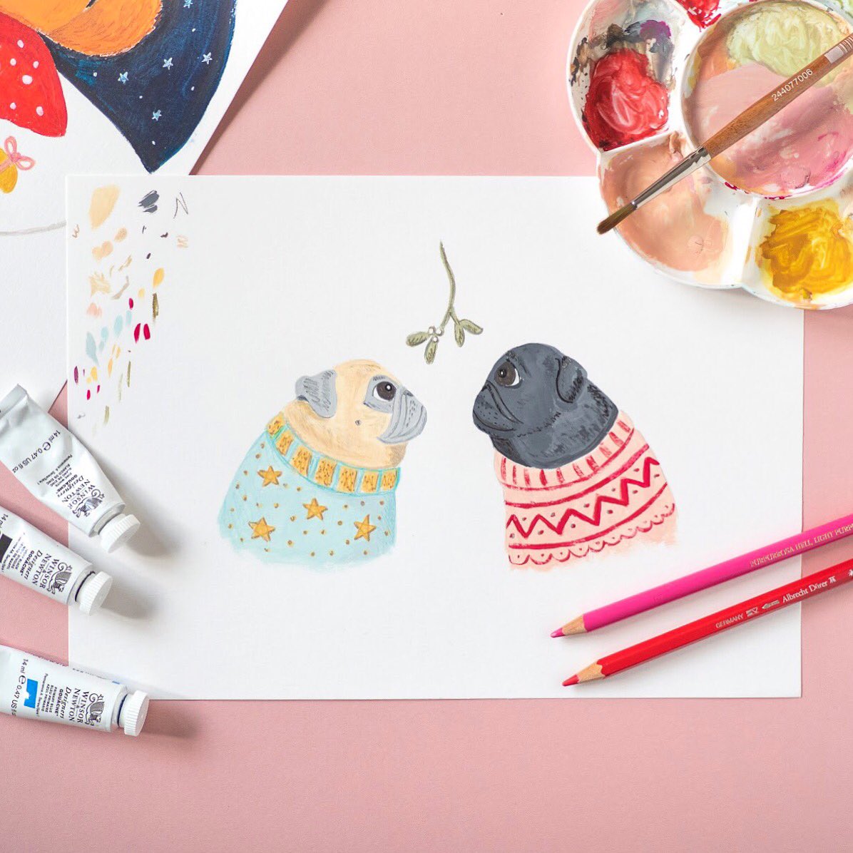 I know it’s too early but I couldn’t resist 🤷🏼‍♀️ SORRY! These guys are just one of the festive card designs I’ve been working on - coming soon! I have a question - what colour background would you like to see them on? #pugs #ChristmasIsComing