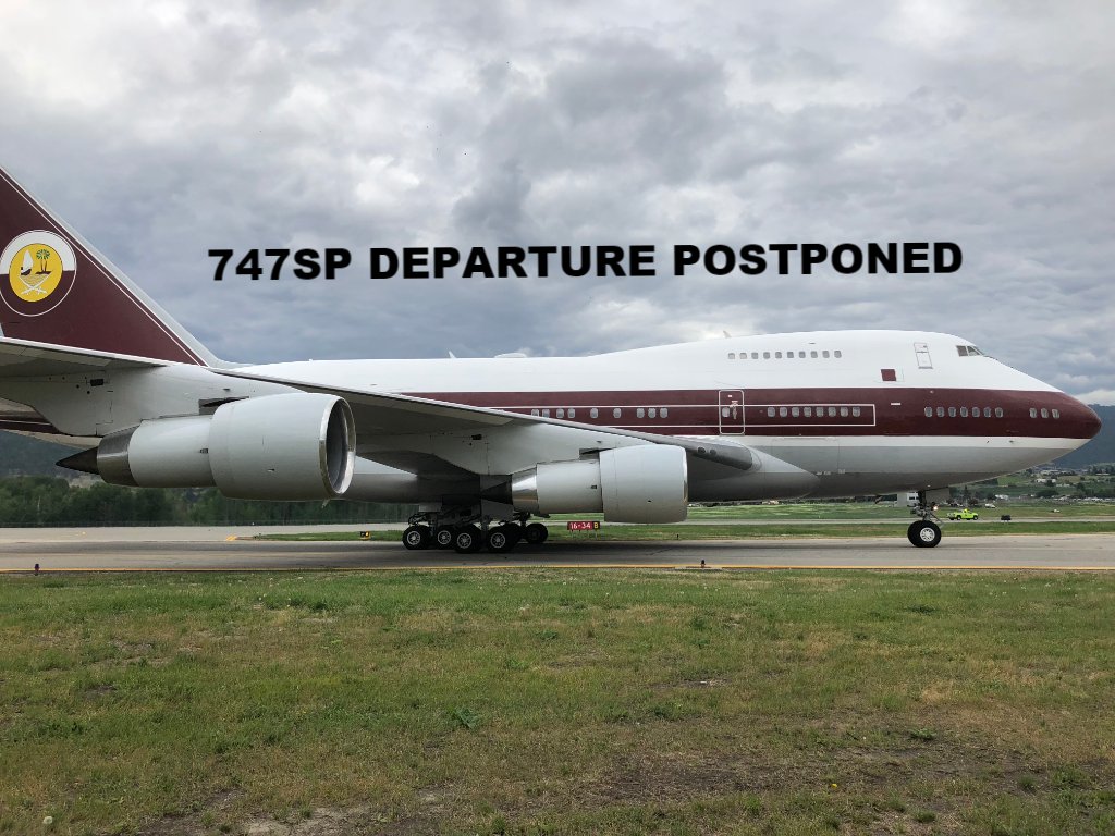 ylwkelowna's tweet photo. 747SP UPDATE: The departure of the 747SP has been postponed due to weather conditions in Hamilton. We are expecting it to leave YLW later this week. We're just as excited as you are to see it takeoff, so check back on our channels for updates. https://t.co/0rrL8MbBrD