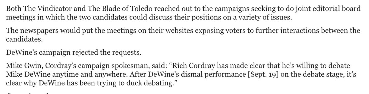DuckingDeWine's tweet photo. We knew @MikeDeWine was bad at debates. But he's hit a new low ducking joint ed board appearances with @RichCordray in Toledo and Youngstown. #OHGov https://t.co/58tCkcvXr9