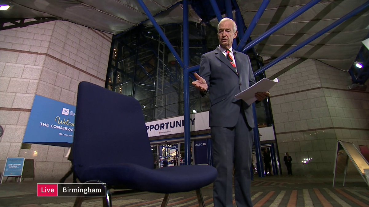 Hayley_Barlow's tweet photo. "We were hoping to have an interview with the PM as is traditional at party conferences. Sadly that was not to be today, but if you're watching, Prime Minister, we'd still love to talk to you, there'll always be a chair for you on Channel 4 News." @jonsnowC4 #EmptyChair #MayDay https://t.co/XzCidSdhLX