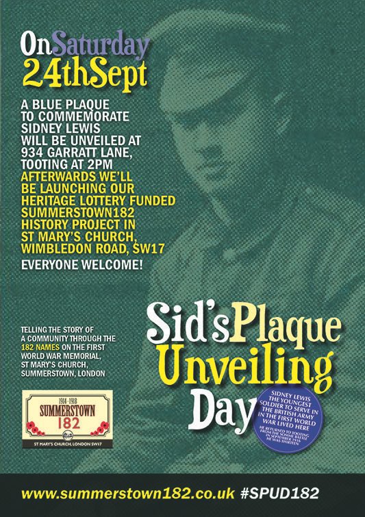 summerstown182's tweet photo. @JasonRosam @BBCRadioLondon @MikeReadUK @HomeStartWestmi @MatchstickPH @FayonTV Here’s our fabulous #Tooting blue plaque on the home of the youngest soldier to serve in the British Army in the First World War, twelve year old Sidney Lewis - a fantastic unveiling event was attended by 500 people & Sid is now firmly part of our Wandsworth history #SPUD182 https://t.co/aM4JPWd2fl
