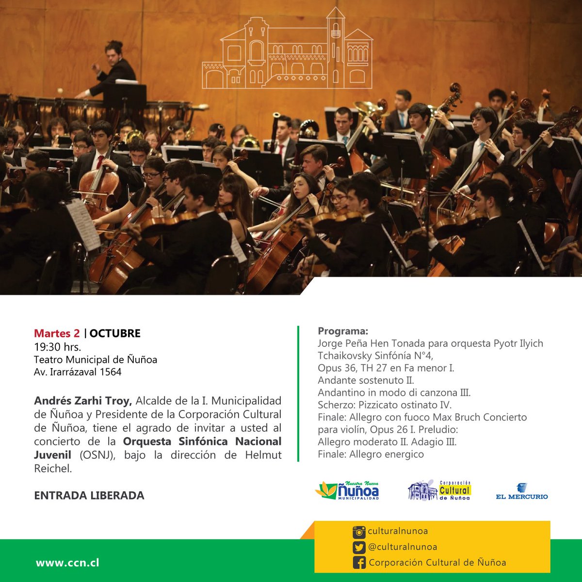 culturanunoa's tweet image. ¡Esta noche! Faltan pocas horas para el gran #Concierto de la Orquesta Sinfónica Nacional Juvenil #OSNJ con #EntradaLiberada en el Teatro Municipal de #ñuñoa ccn.cl/osnj/