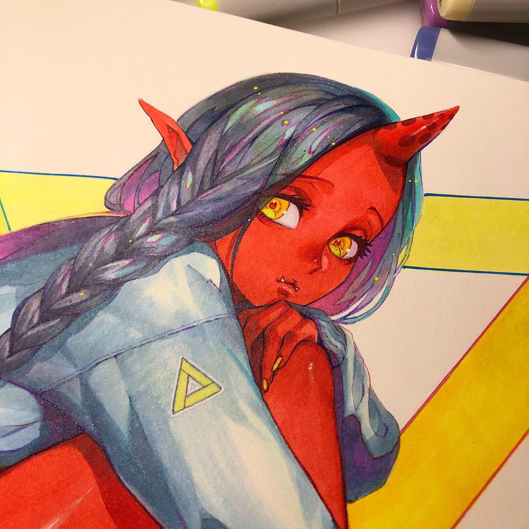 inktober Day2】 今日は赤肌JKちゃん #InktoberDay2 #inktober2018