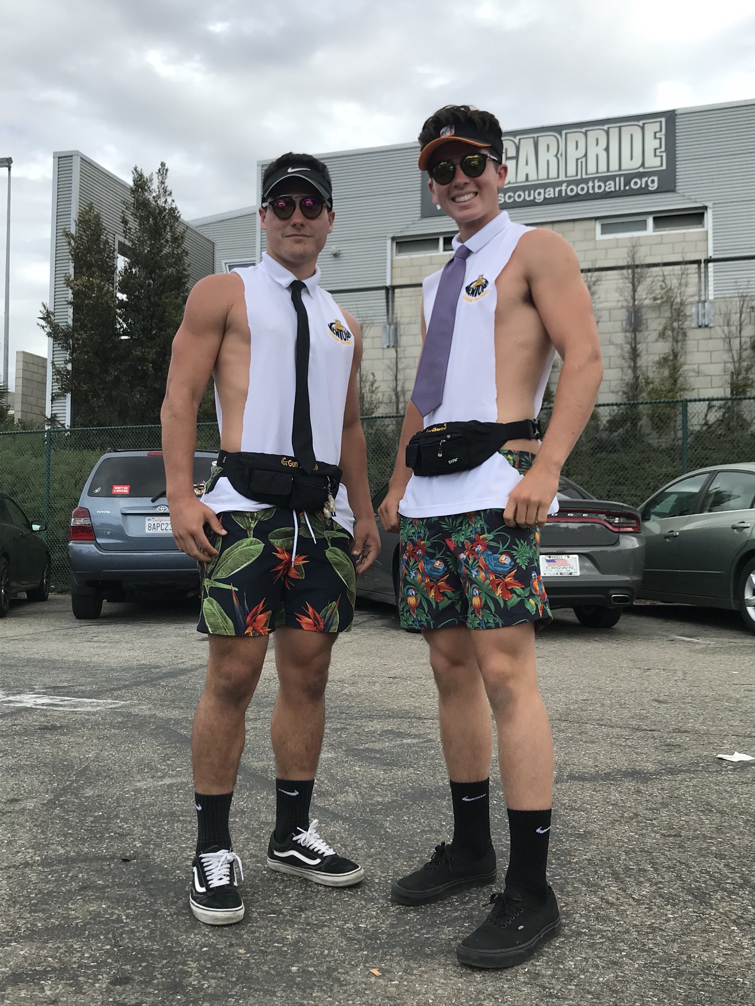 The Cougar Press on Twitter: "Senior Noah and junior Rourke Rieman match with black visors, sunglasses, cut football polos, neckties, embroidered fanny packs, floral socks and vans! https://t.co/5F5zBDOLJD" /