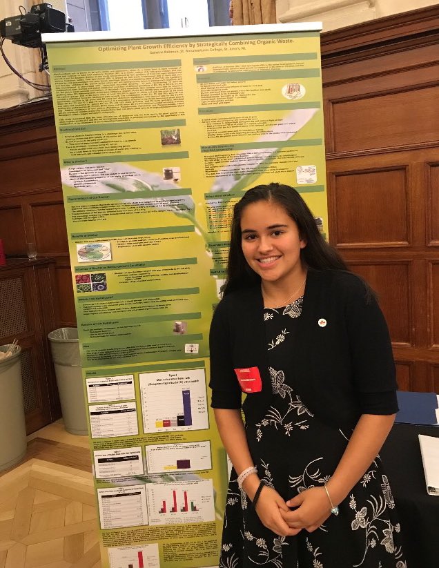 So proud of Jasmine Rahman one of 35 students selected from across Canada to attend PM’s Science Fair in Ottawa. A gr 10 student @stbonaventures her project  involved enriching NL soil by combining two organic wastes, fish wastes &amp; biochar for superior plant growth #girlsrock