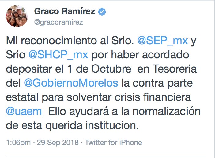 eolopacheco's tweet photo. Otra mentira de Graco Ramírez. 😡
La federación nunca se comprometió a depositar el 01 de octubre dinero para la UAEM. Ayer las autoridades federales informaron al rector Gustavo Urquiza que sólo se apoyará con 408 mdp si el estado aporta el 50%.
#Cuernavaca #Morelos #UAEM https://t.co/CtDrWA63UH