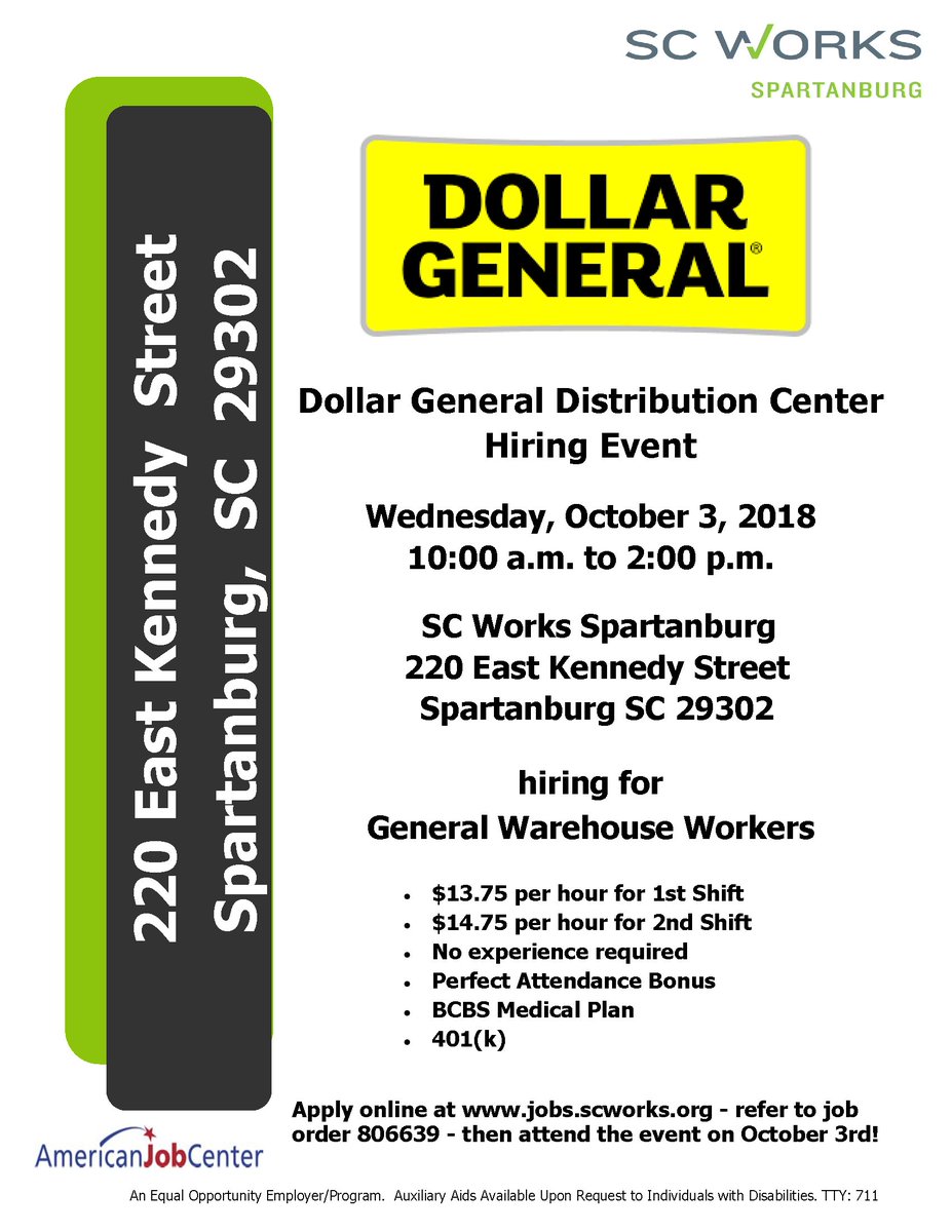 SCWorksinfo's tweet photo. The Dollar General Distribution Center is #hiring general warehouse workers in Spartanburg tomorrow. #Hiring event Wednesday, 10/3, 10 a.m.-2 p.m. See flyer for more information. #SpartanburgJobs #UpstateJobs #SCJobs https://t.co/yoeJCpmolQ