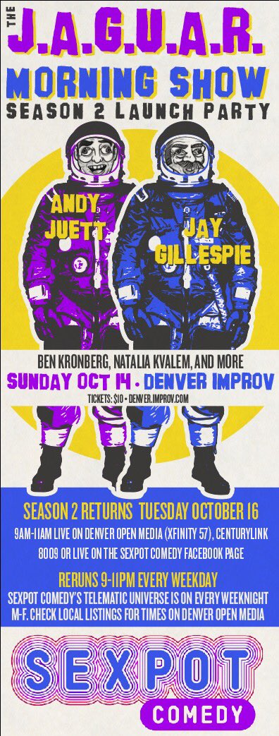 Ahoy! The <a href="/JaguarMorning/">Jaguar Morning Show</a> Show SEASON 2 Launch Party <a href="/ImprovDenver/">Denver Improv</a> is gonna be a hoot scoot. Thanks to <a href="/DenverWestword/">Denver Westword</a> <a href="/ByronFG/">Byron Graham</a> for the nod as one of October’s 10 BEST! Read up. Get tix NOW!

Denver's Ten Best Comedy Shows in October  westword.com/arts/things-to… via <a href="/westwordculture/">Westword Arts</a>