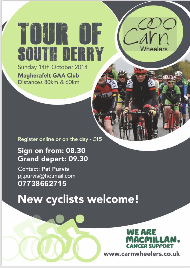 CarnWheelers's tweet image. Online entry open for our annual ‘Tour of South Derry’ in aid of Macmillan. Register at entrycentral.com/TOSD
