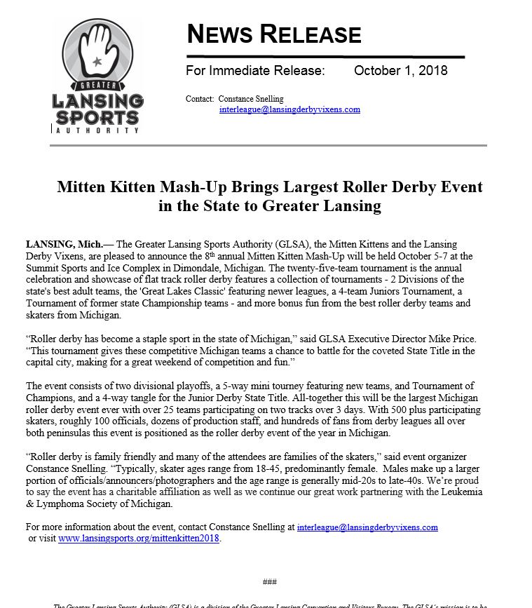 Read Full Press Release Here:
http://www.lansingsports.org/articles/post/mitten-kitten-mash-up-brings-largest-roller-derby-event-in-the-state-to-greater-lansing/ …
#MittenKitten #2018MittenKitten #LansingSports #MK2018