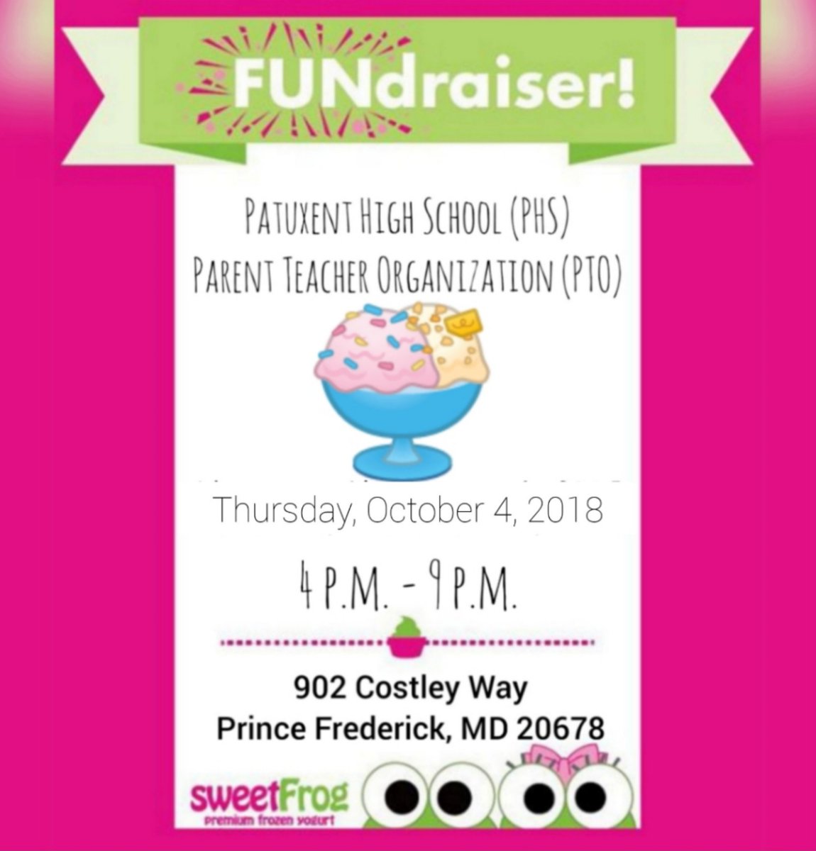 Please come out to Sweet Frog on Thursday and support our FUNdraiser! A portion of the proceeds from all purchases will be donated to the Patuxent High School Parent Teacher Organization.🍦🍧