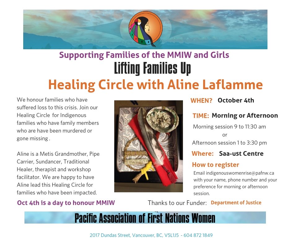 We are honoured to offer this healing circle for families of the #MMIW #CultureSavesLives #Healing #IndigenousWomenRise Men are welcome to join this circle choose morning or afternoon session on Oct 4th!