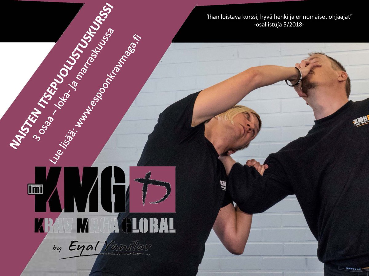 EspoonKravMaga's tweet photo. Seuraava #naisten #itsepuolustuskurssi järjestetään kolmessa osassa. Osallistu yhteen, kahteen tai kolmeen päivään. Ensimmäinen päivä 21.10. #espoonkravmaga #kmgfinland #kmgwomensdivision https://t.co/xLRWNtV1Rn