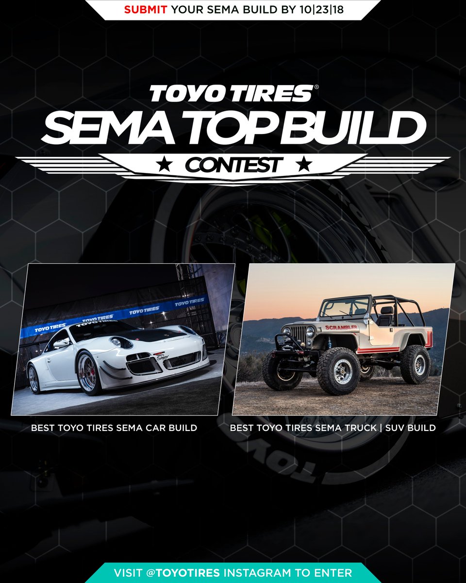 ToyoTires's tweet photo. It's all about the build. Visit https://t.co/Cj4f0NRuPz to enter the Toyo Tires "SEMA Top Build" Contest. All entries must be at #SEMA2018! | #SEMA | #TOYOTIRES | #ToyoSEMABuild https://t.co/Y0tmuVLI8u