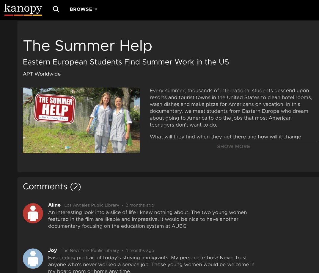 TheSummerHelp's tweet image. Wonderful news! @TheSummerHelp can be found on @Kanopy ! You can watch our documentary for FREE through public libraries, university/college libraries around the U.S kanopy.com/wayf/product/s… #workandtravel #documentary