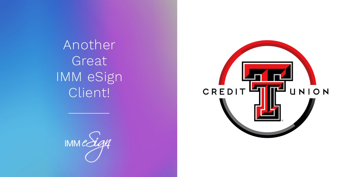 IMMeSign's tweet photo. We are thrilled that Texas Tech Federal Credit Union has chosen to add IMM's #eSignPlus to their @Fiserv_CU XP2 Core System! Thanks for being a great client! #Lending #CreditUnions #DigitalDreams #FinTech @TexasTechFCU https://t.co/siCuHEkEBx