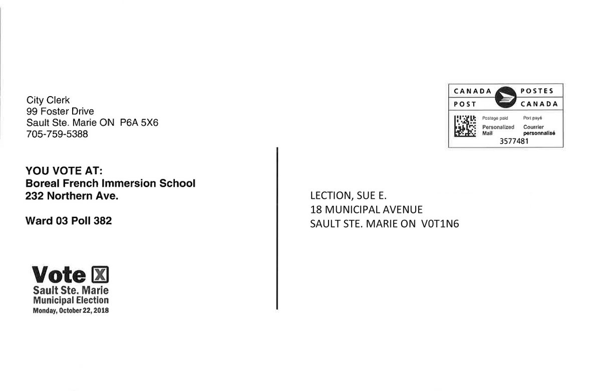 Look for your voter notification card in the mail this week. More info: saultstemarie.ca/Newsroom/Octob…  #Election2018 https://t.co/TOq8aeJACo