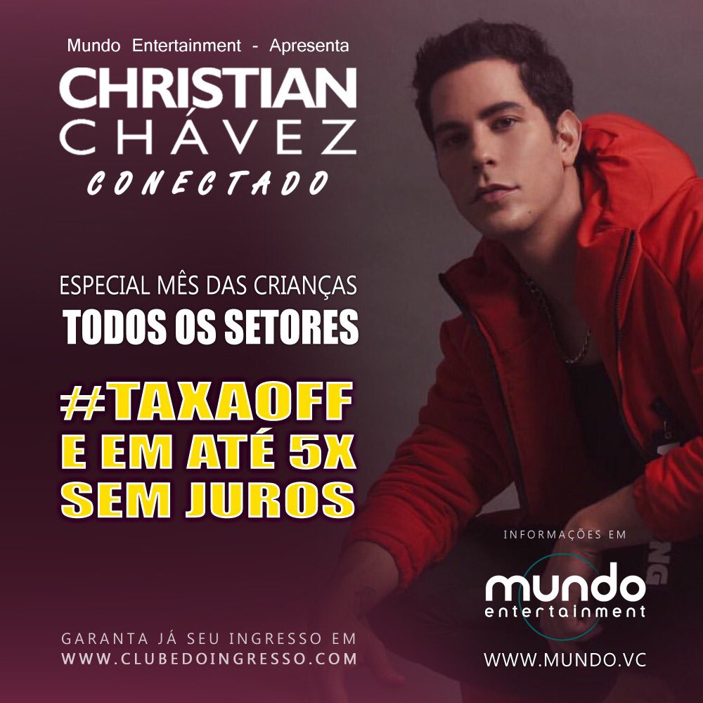 mundo_producoes's tweet photo. Promoção especial “Mês das Crianças”! 
Todos os setores do show exclusivo de lançamento do #EPConectado do lindo @christiancha #SemTaxa e em até 5x sem juros, a partir de amanhã, às 18h. 
Show dia 13/Out, na The Week, em São Paulo. 
Ingressos em 
https://t.co/ZV2RW9JYyF https://t.co/Z7gyScFR0u