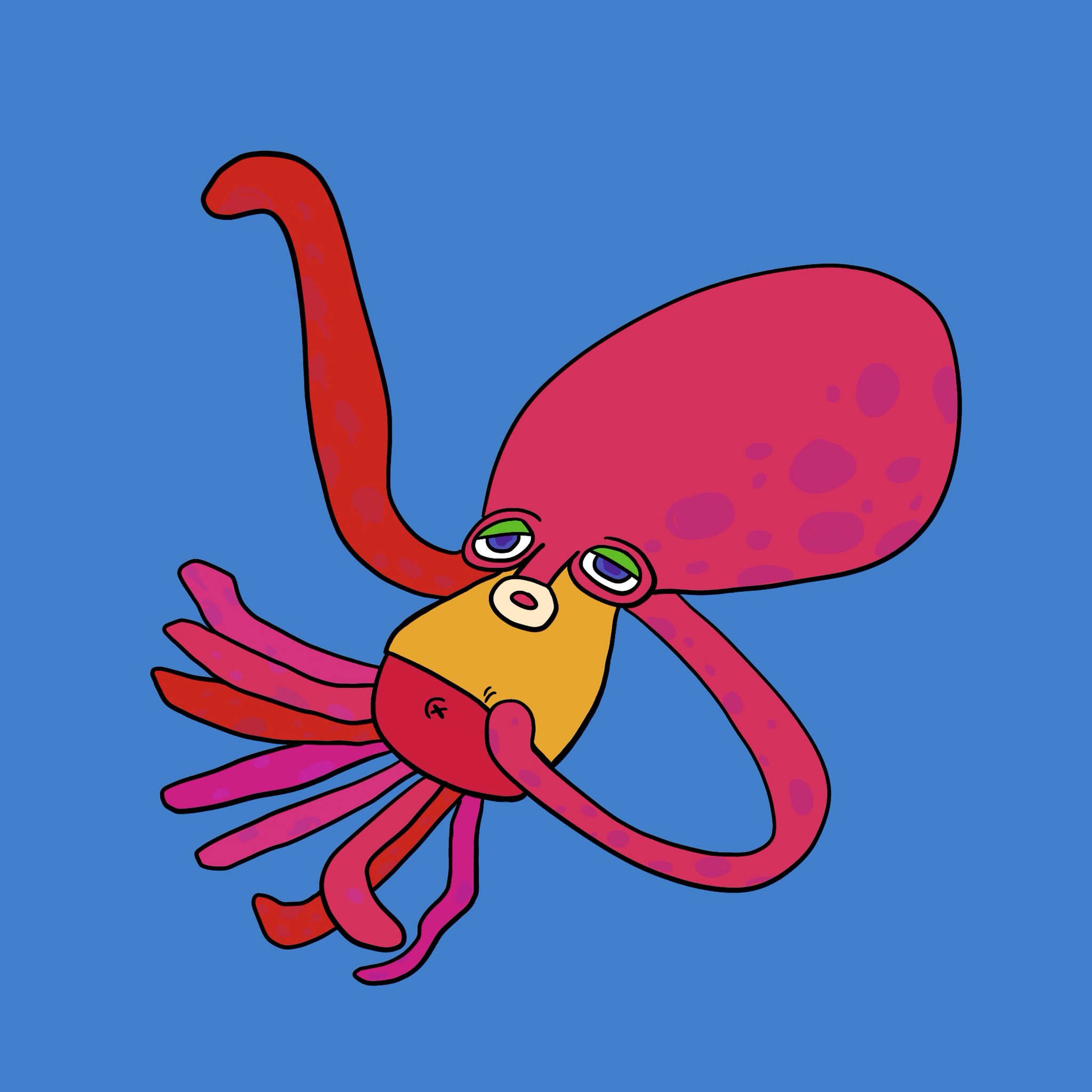 世紀末事件 タコ的な何かが生まれました 我々から見て 左側の手で見えないポールを掴みぶら下がっています わたしの絵に興味を持ってくれた人は一方的に繋がりに来て欲しい イラスト好きな人と繋がりたい イラスト